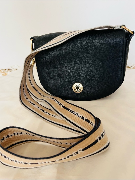 Tommy Hilfiger Handbags - Tommy Hilfiger Black Leather Crossbody with Beige Logo Strap